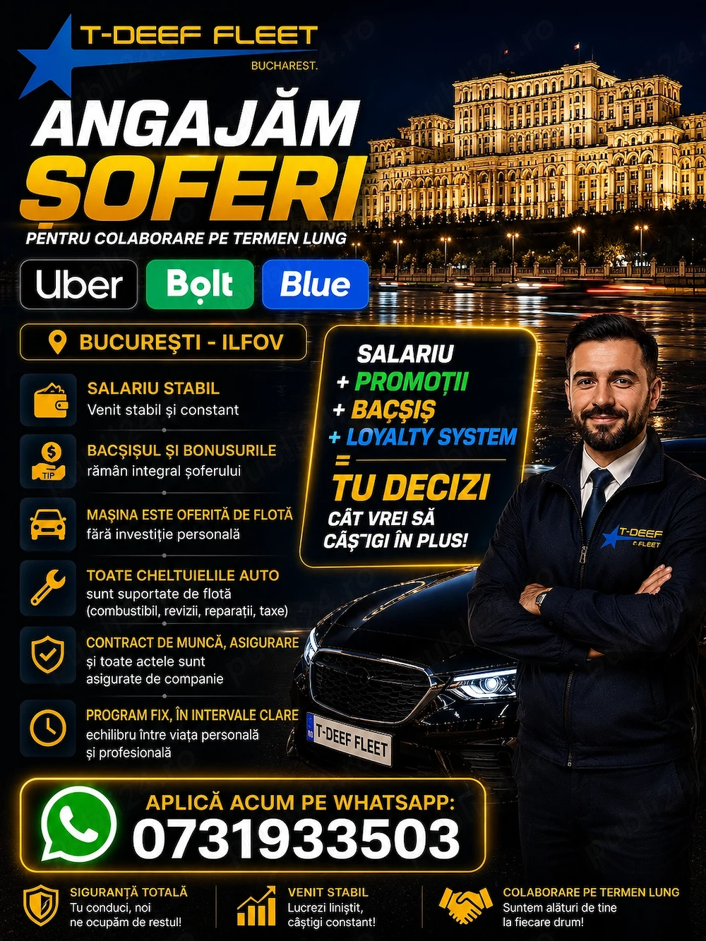 Cautam șofer pentru program de  full-time pe mașini Uber, Bolt și Blue