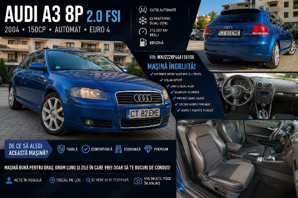 Audi A3 8P 2.0 FSI Automat   150CP   Climatronic   216.000 km   Euro 4