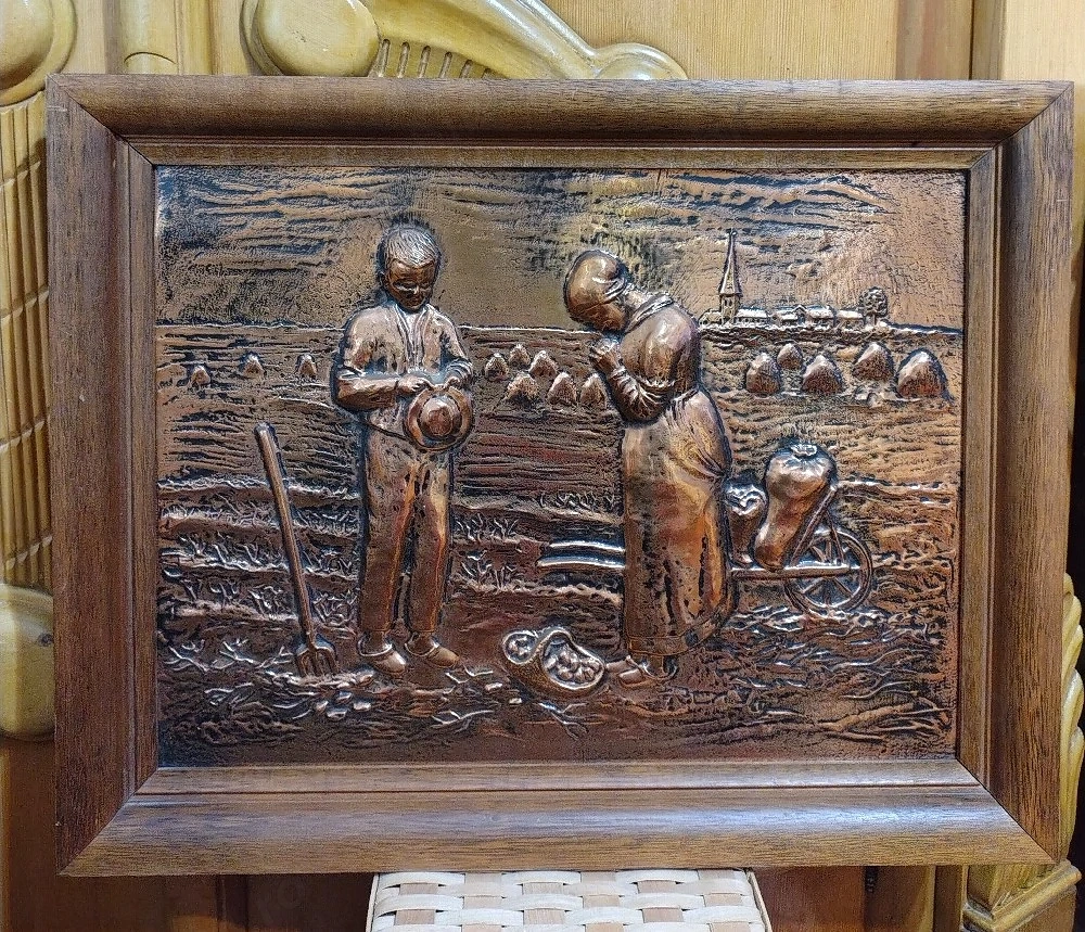 Tablou vintage basorelief cupru (metaloplastie)-Rugăciunea Angelus 