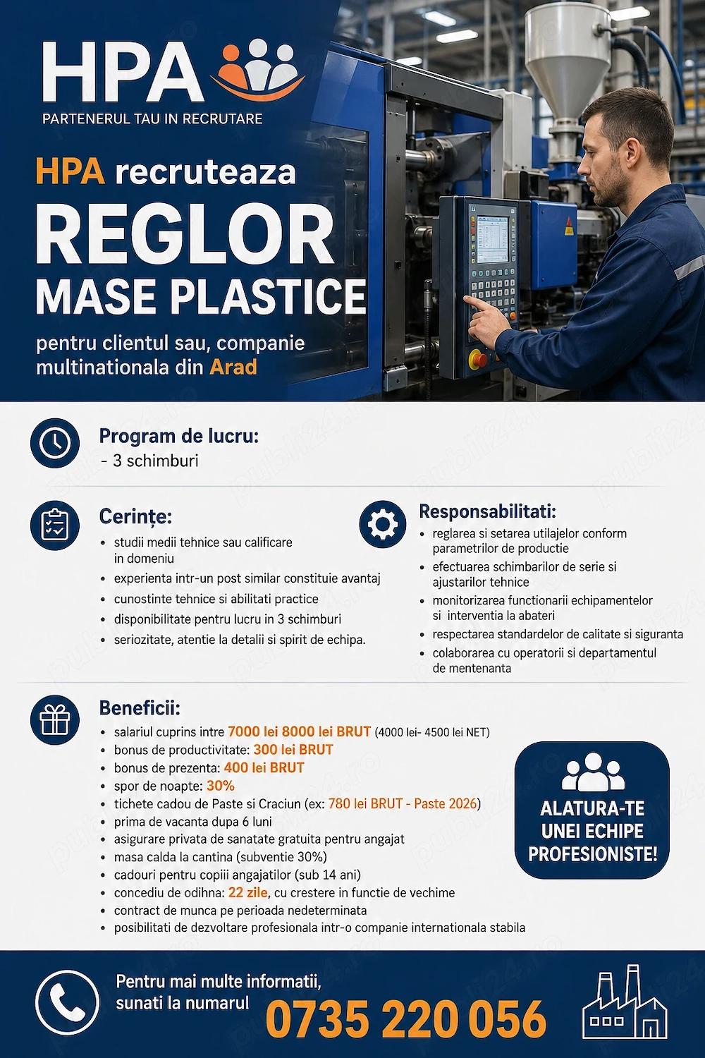 HPA recrutează reglor mase plastice pentru clientul său, companie multinațională din Arad