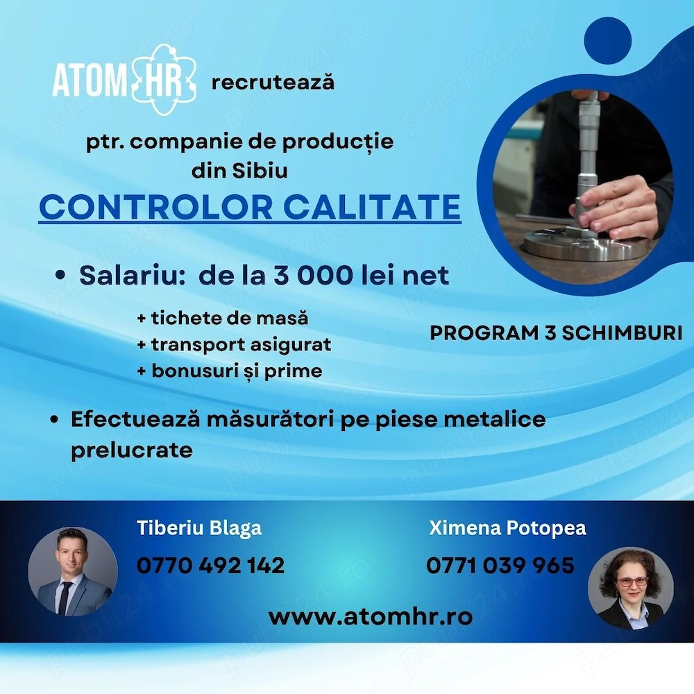 Angajăm Controlor Calitate pentru companie din Sibiu.