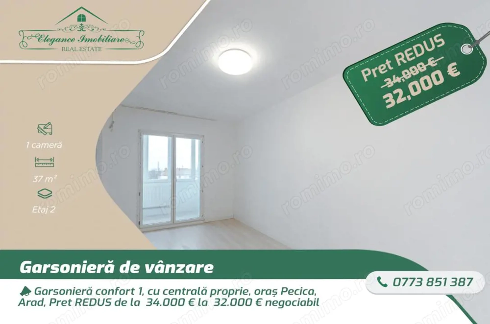 Garsonieră confort 1, cu centrală proprie, oraș Pecica, Arad