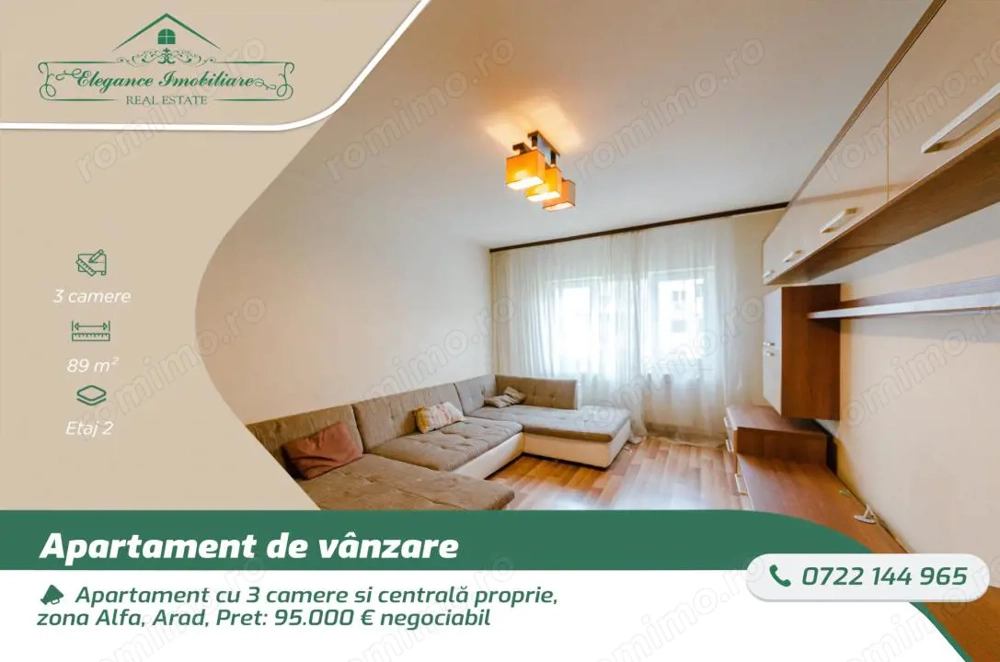 Apartament cu 3 camere si centrală proprie, zona Alfa, Arad