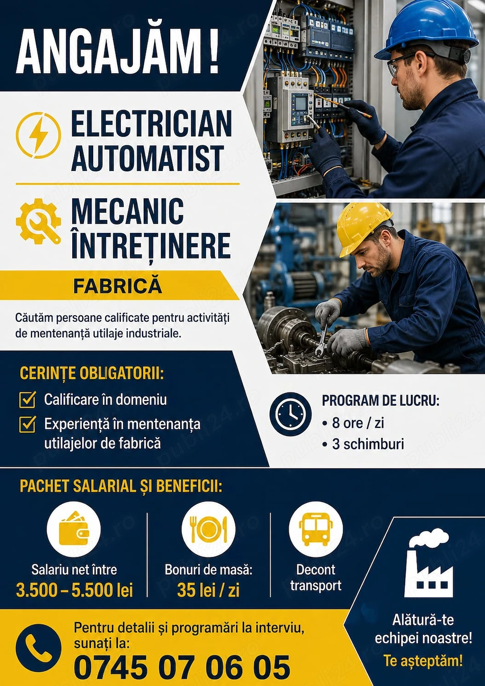 Angajam Electrician Automatizari si Mecanic Utilaje- FABRICA