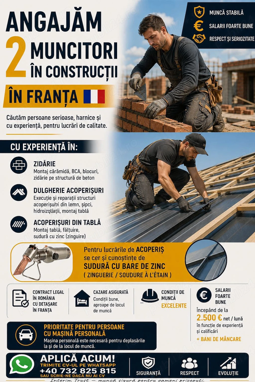 Angajăm 2 meseriasi în construcții