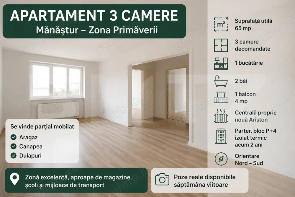 Apartament 3 camere, 65 mp, decomandat, 2 bai, zona Primăverii, Manastur