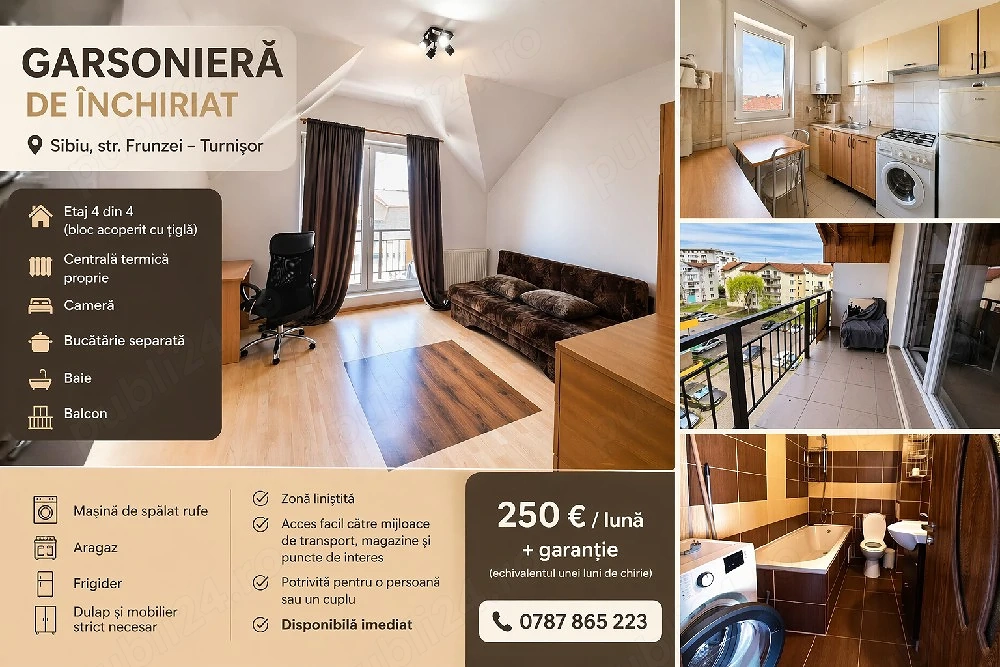 Garsonieră de închiriat   Sibiu, zona Turnișor, str. Frunzei