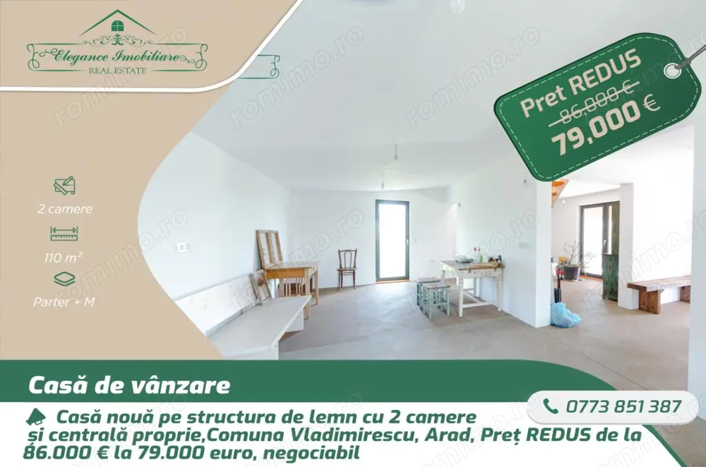 Casă nouă pe structură din lemn cu centrala proprie , Comuna Vladimirescu, Arad