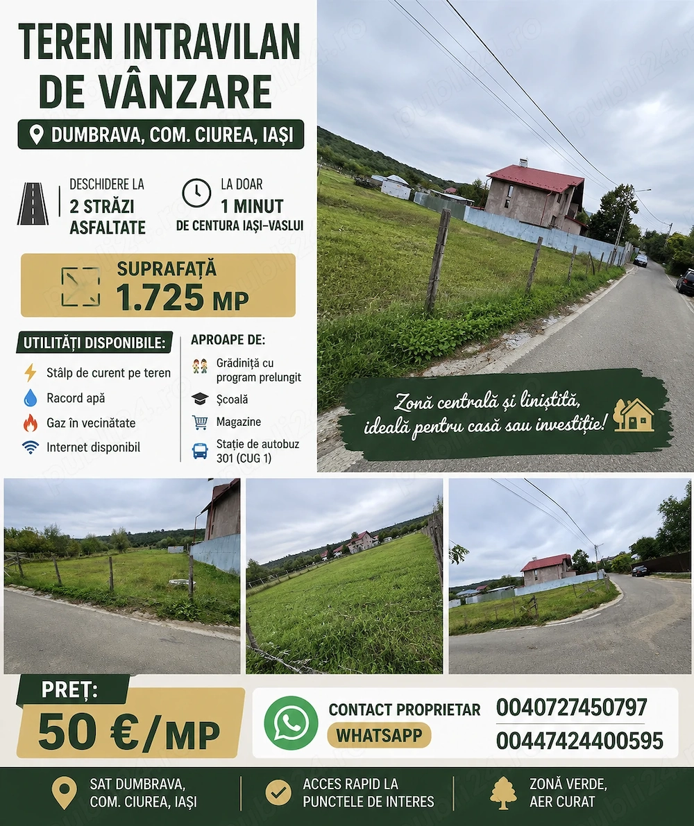 Teren intravilan de vânzare   Dumbrava, Ciurea, Iași