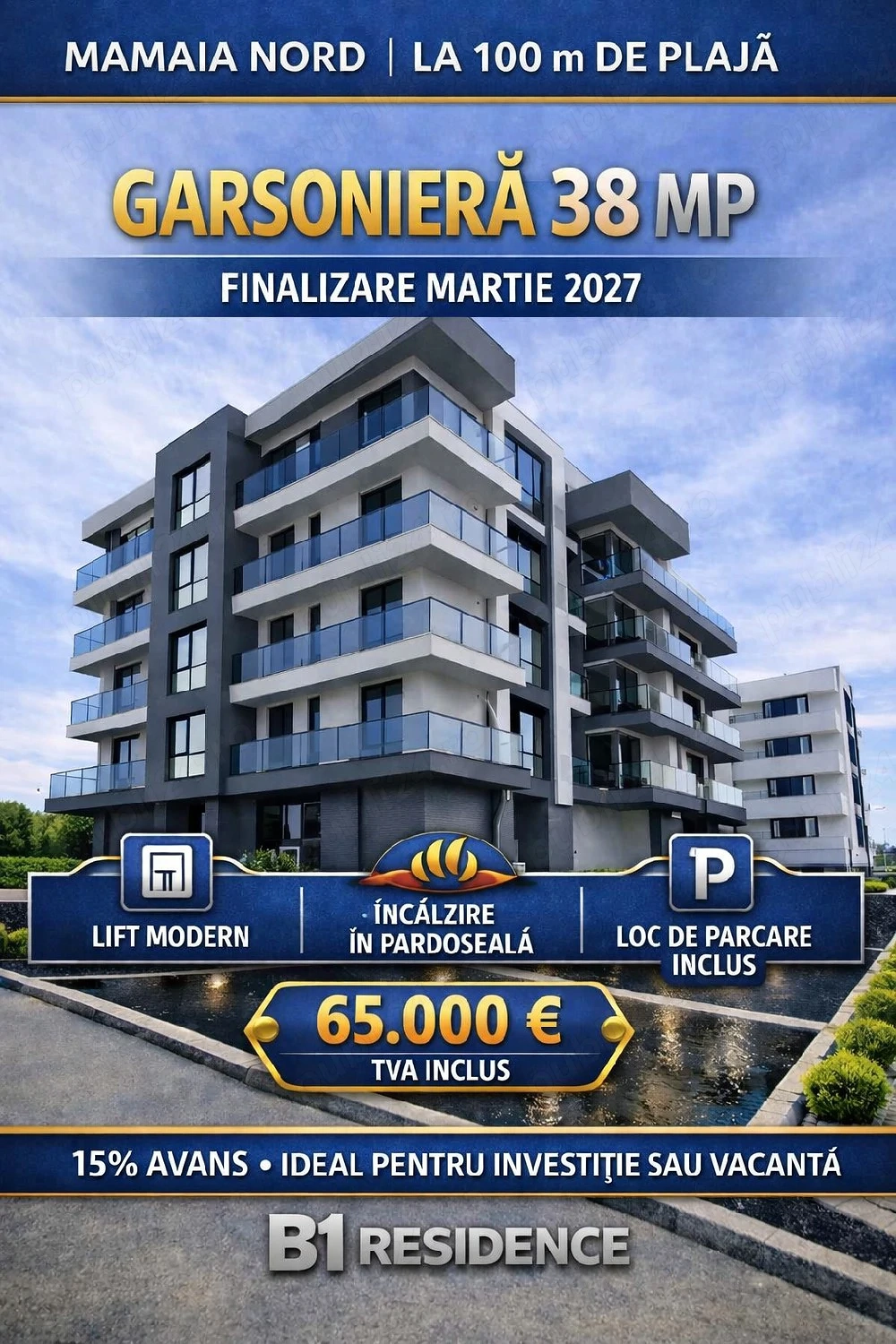 Mamaia Nord! Garsoniera 38mp, parcare si tva inclus la 100m de Marea Neagra 