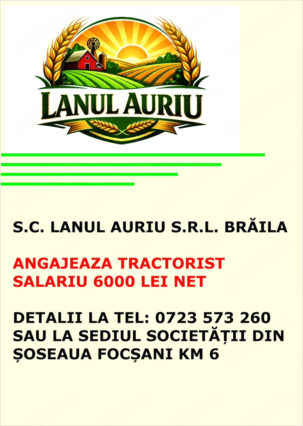 Societate Agricola angajeaza tractorist