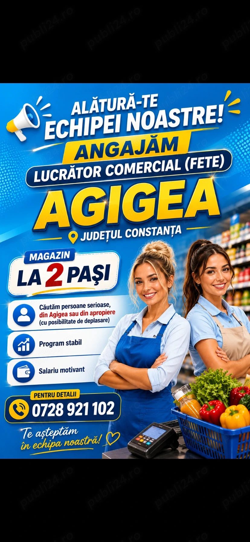Angajam lucrator comercial( fete) magazin LA 2 PASI din Agigea(Constanta)