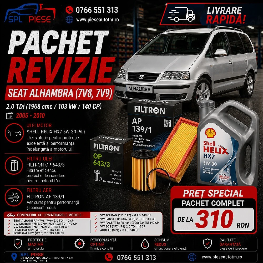Pachet revizie Seat Alhambra 2.0 TDi 140 CP Shell + Filtron