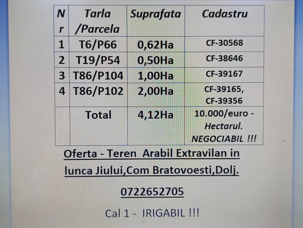Vand 10,76 Ha teren arabil,Bratovoesti,Dolj