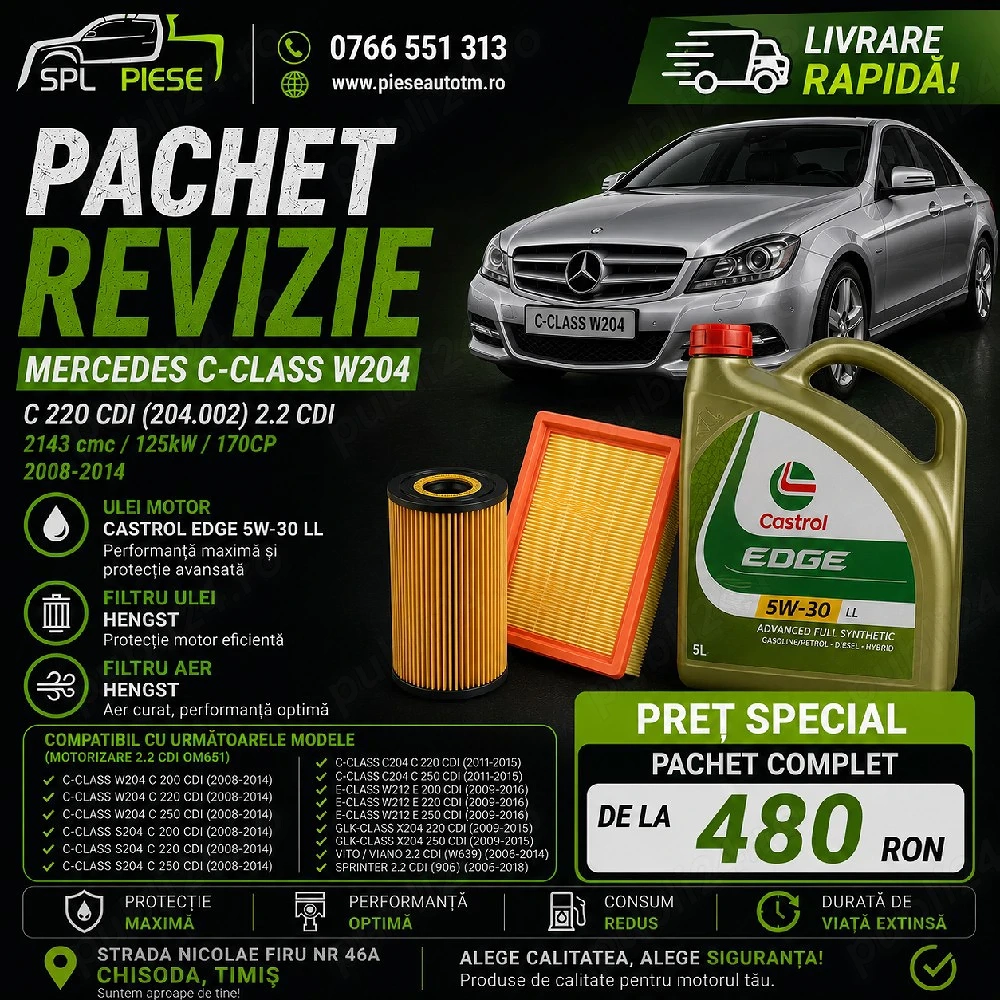 Pachet revizie Mercedes C-Class W204 2.2 CDI Castrol + Hengst