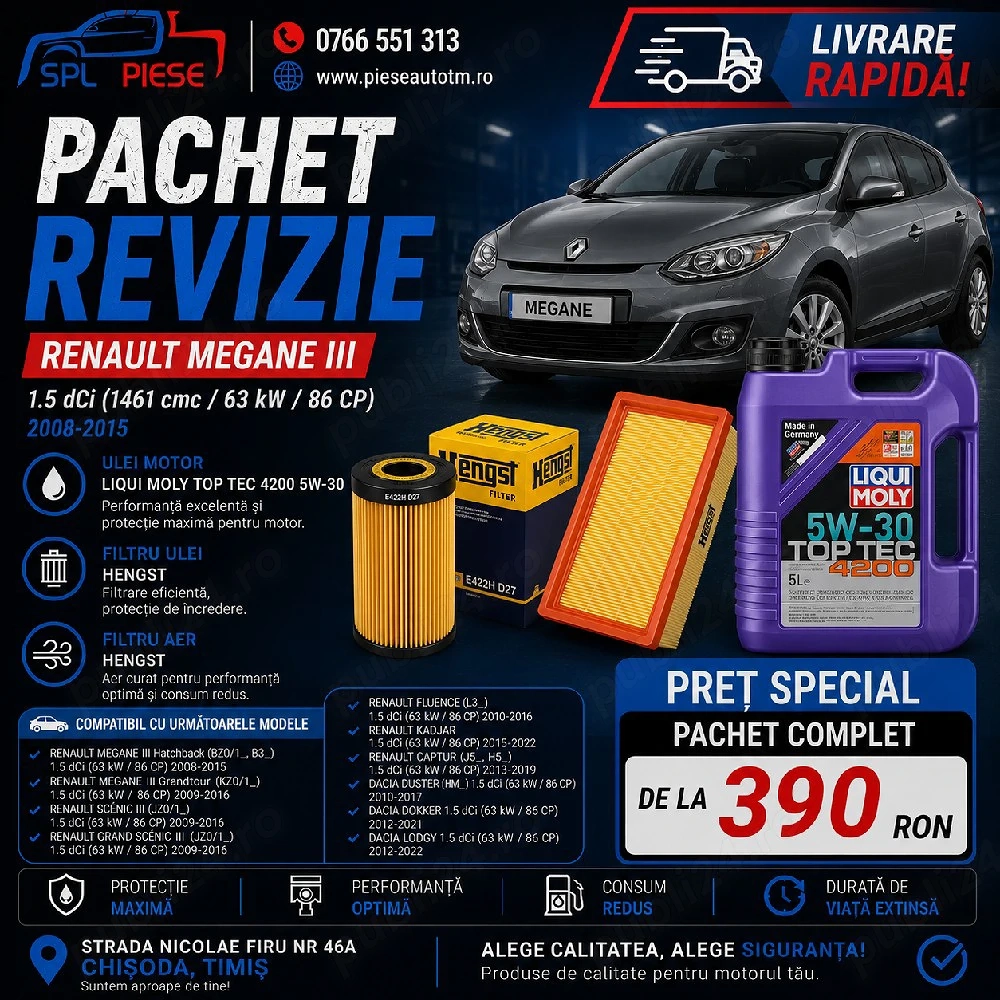 Pachet revizie Renault Megane 3 1.5 dCi Liqui Moly + Hengst