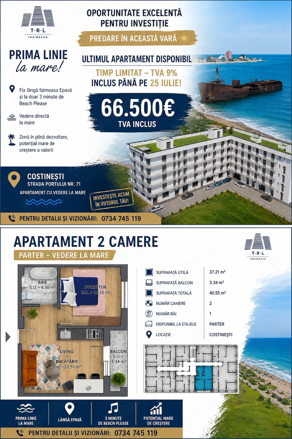 Vând apartament 2 camere prina linie, costinesti. vedere la mare,langa epava! 9% tva inclus!nu rata!