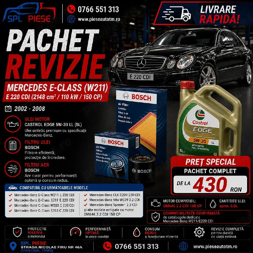 Pachet revizie Mercedes E-Class W211 E 220 CDI Bosch + Castrol