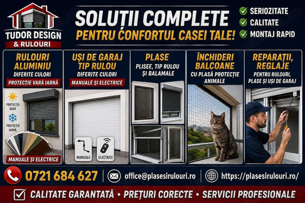 Rulouri aluminiu,usi de garaj,plase insecte si pisici,inchideri balcoane cu plasa pt animale.