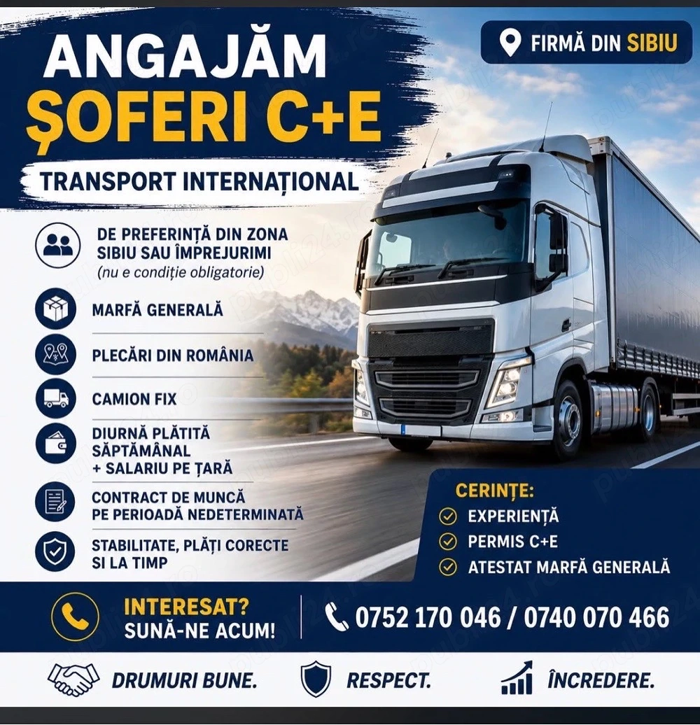    Angajăm șofer autocamion  C+E  transport internațional (Sibiu)
