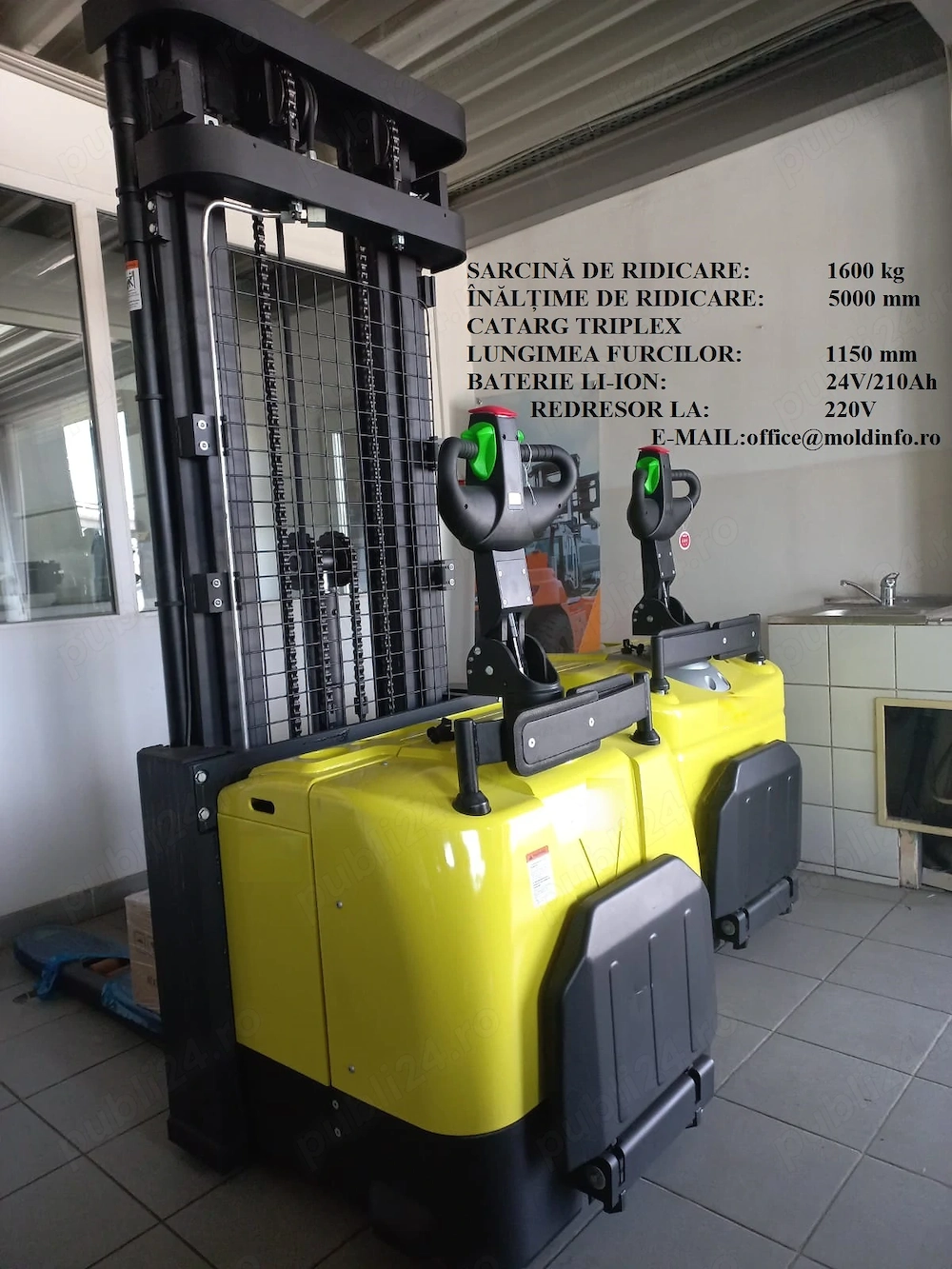 Stivuitor Pietonal de 1600 kg,Catarg de 5 metri si Platforma Rabatabila