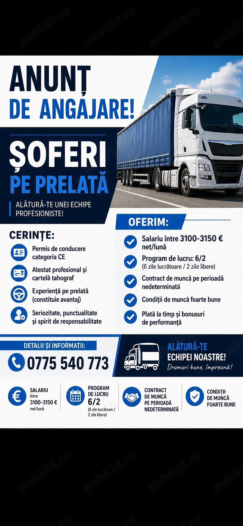 Angajăm șoferi pe prelată, curse fixe 