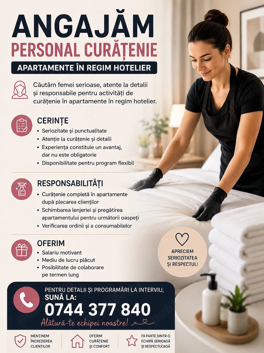 Angajam femei serioase și responsabile pentru curățenie în apartamente cu regim hotelier