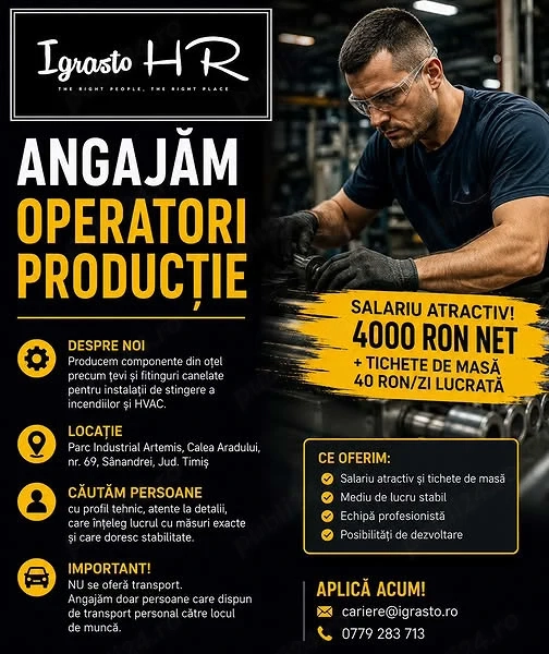 Igrasto HR Angajeaza operator productie in Sanandrei