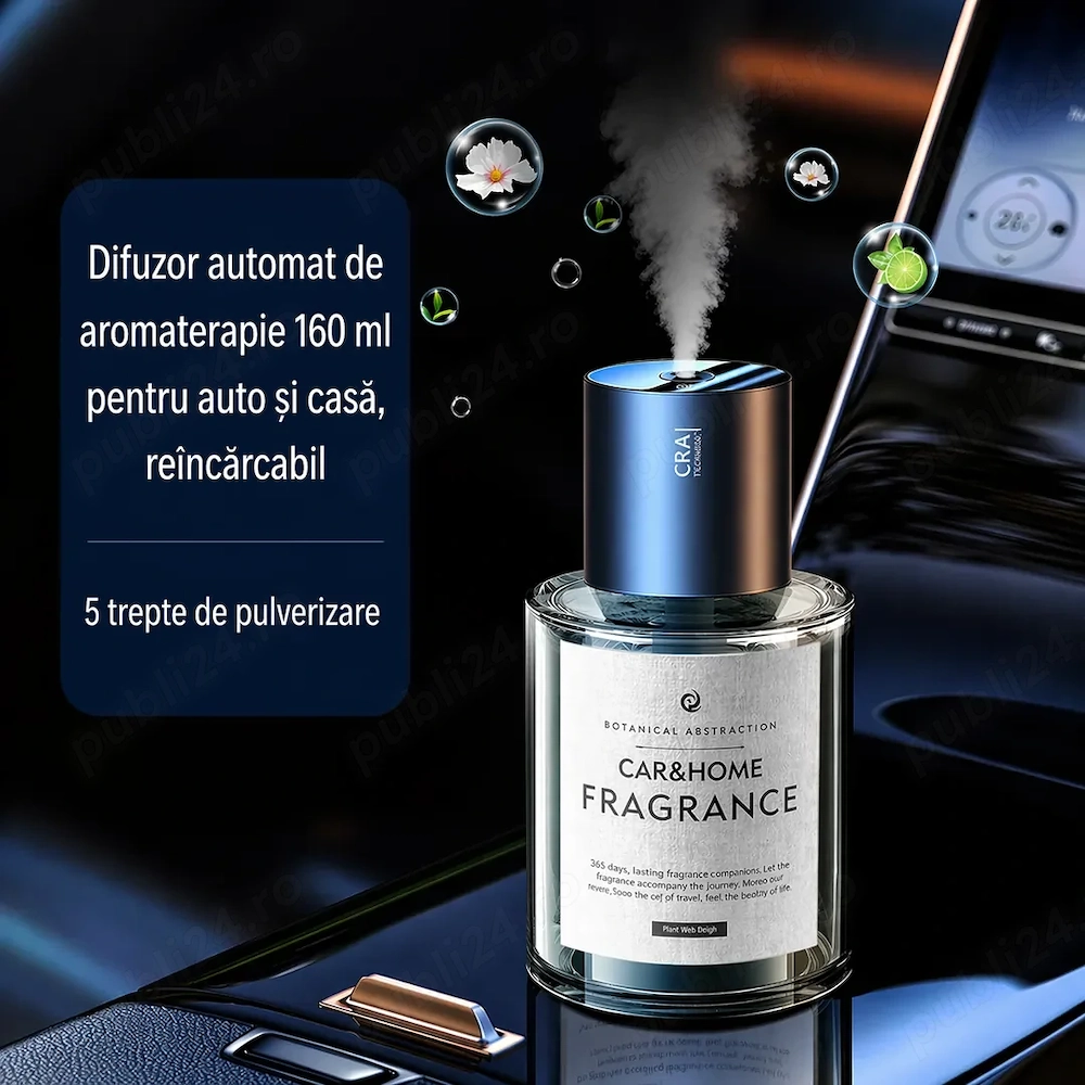  Difuzor Odorizant Auto Portabil 160ml – 5 Moduri, USB, Silențios, Lumină Ambientală  