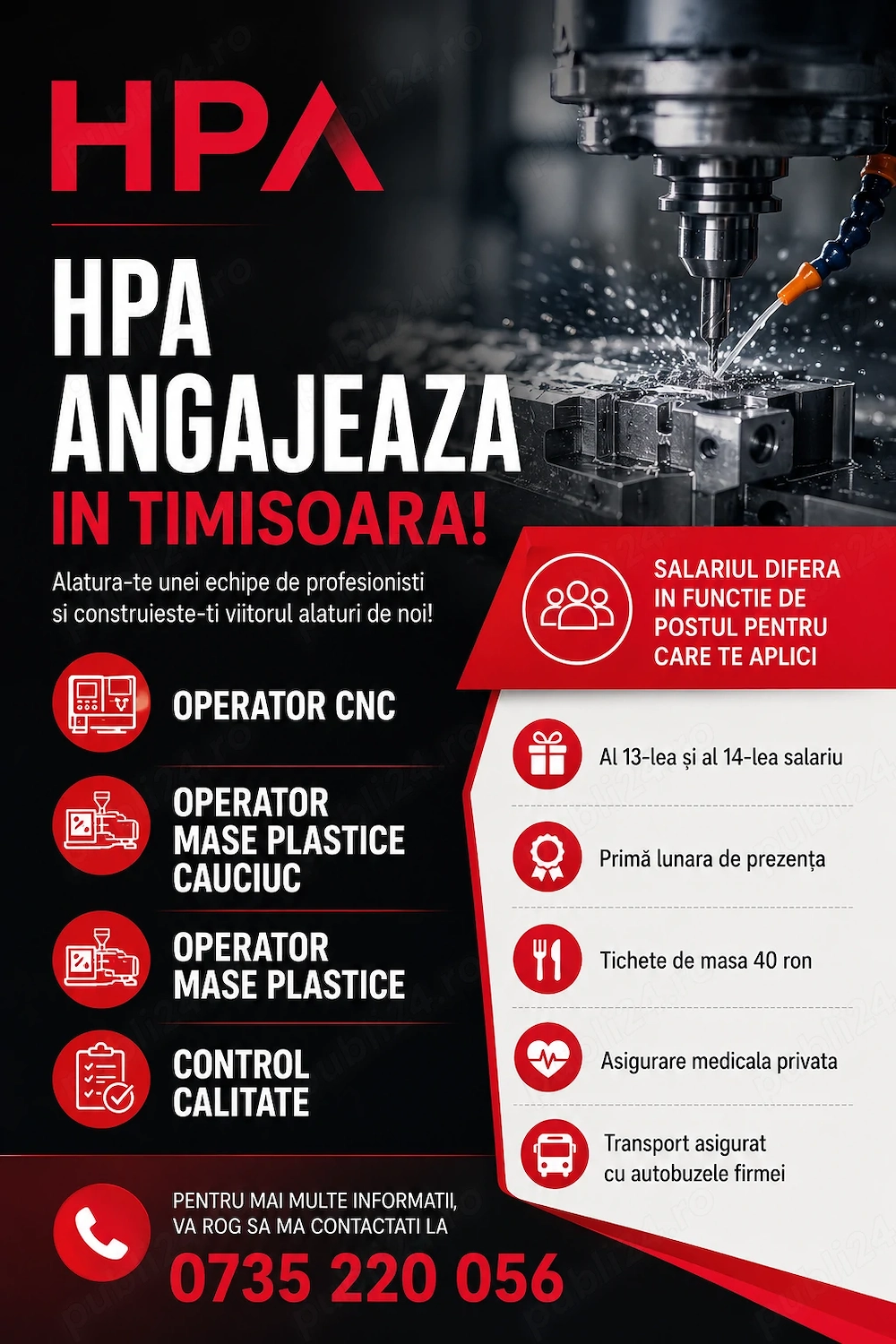 HPA recrutează Operator mase plastice cauciuc pentru o fabrică din Timișoara.