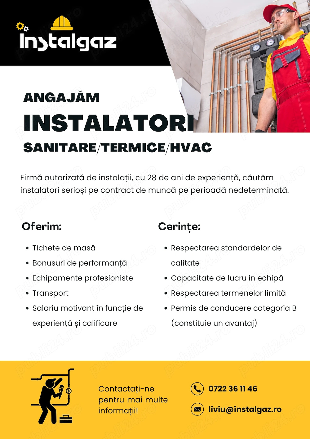 Angajăm INSTALATORI (sau echipe de instalatori) sanitare, termice, HVAC în București