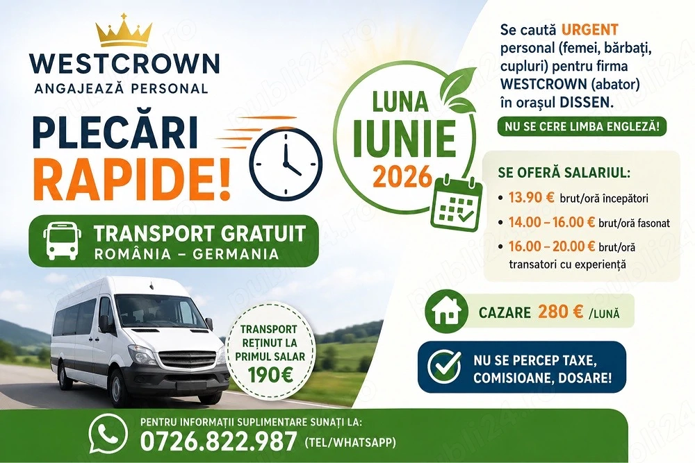 Se cauta urgent personal(femei barbati cupluri) pentru firma Westcrown (abator) in orasul DISSEN. 