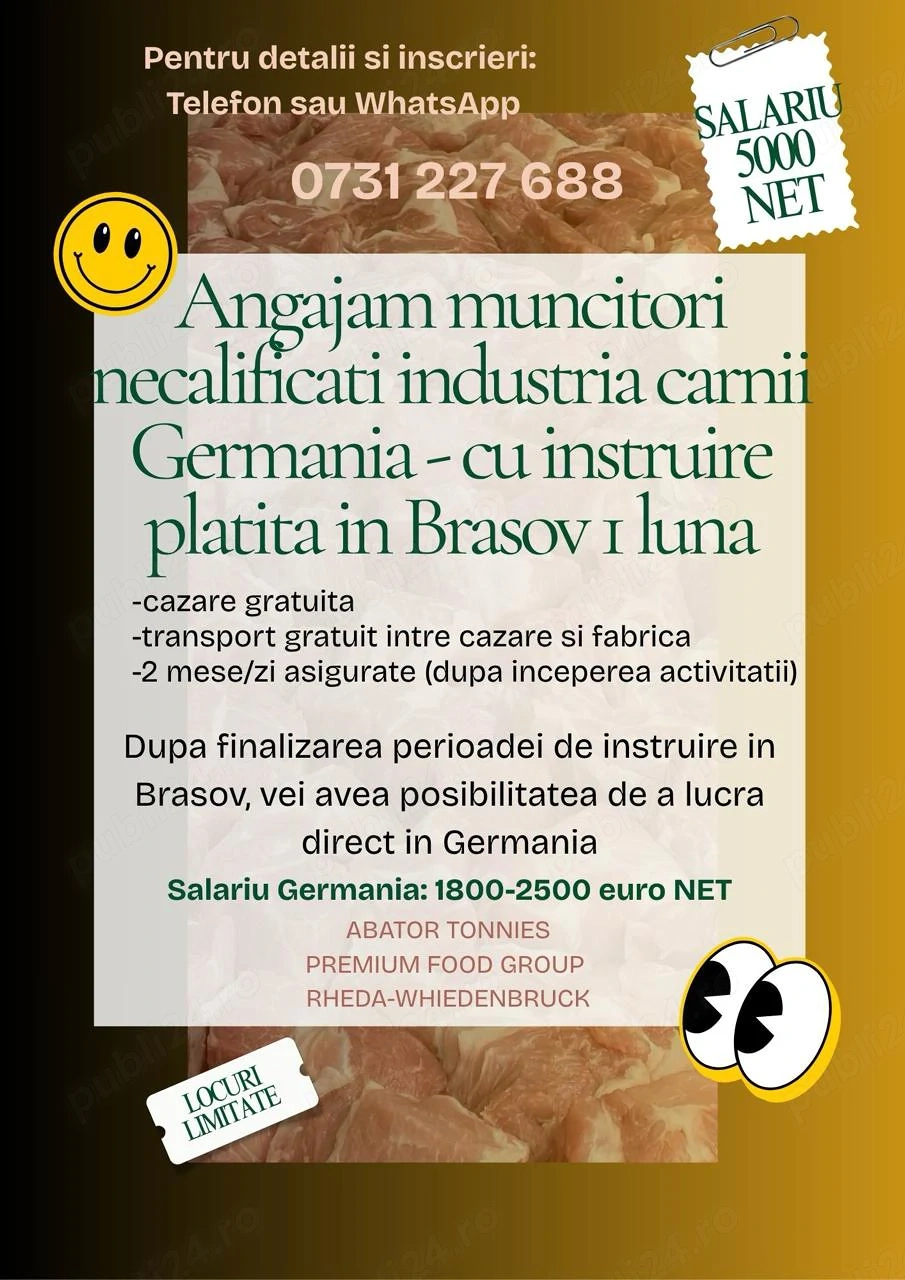 Angajam muncitori necalificati industria carnii Germania - cu instruire platita in Brasov 1 luna