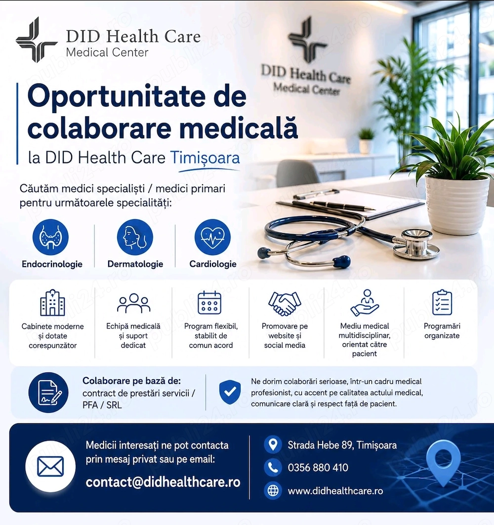 DID Health Care Timișoara caută medici colaboratori: Endocrinologie, Dermatologie și Cardiologie