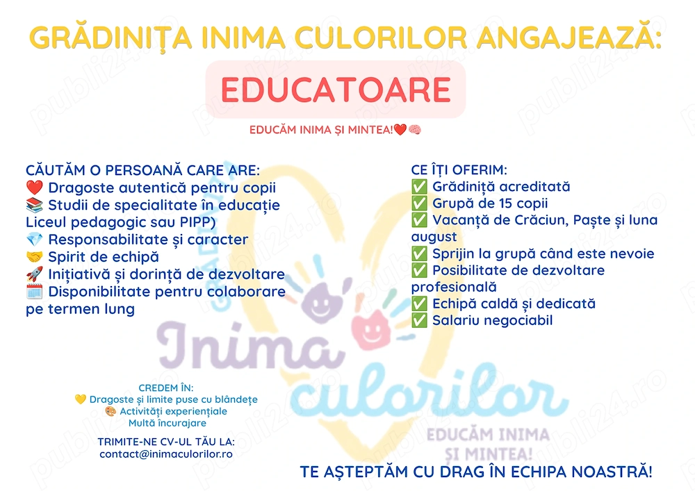 Angajăm educatoare Gradinita Inima Culorilor