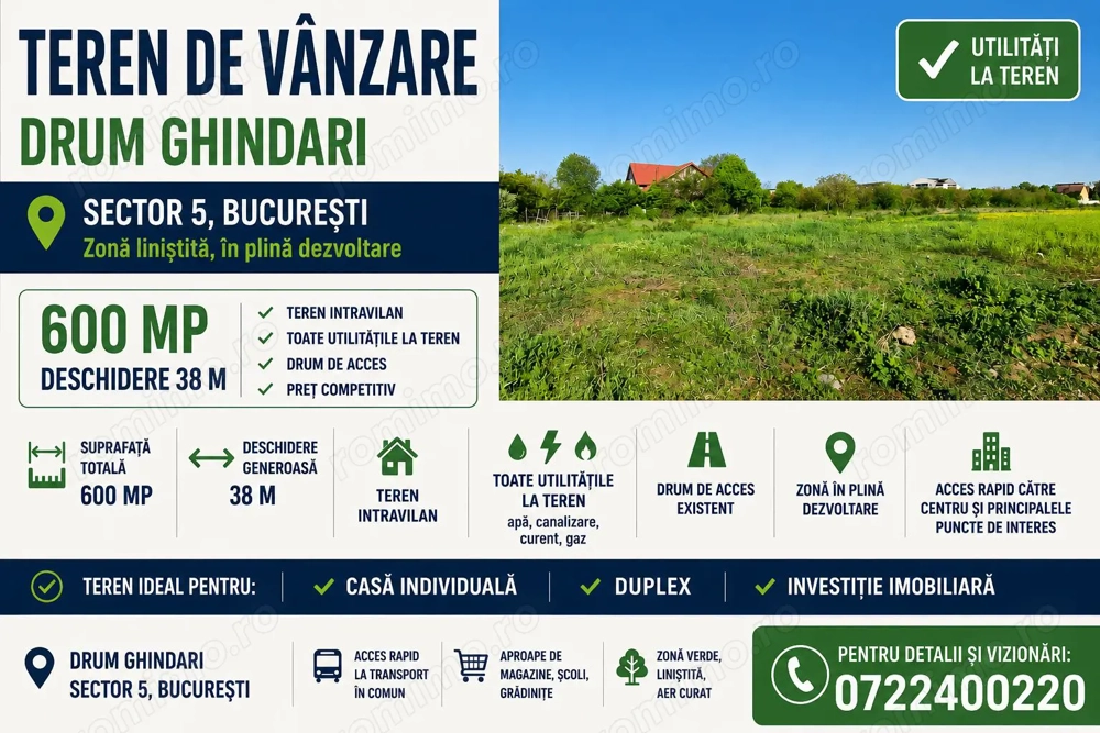Teren Ideal Casă sau Duplex | 600 mp | Deschidere 38 m | Sector 5