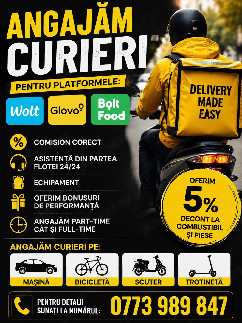 Angajez livratori mancare Wolt Glovo Bolt Food