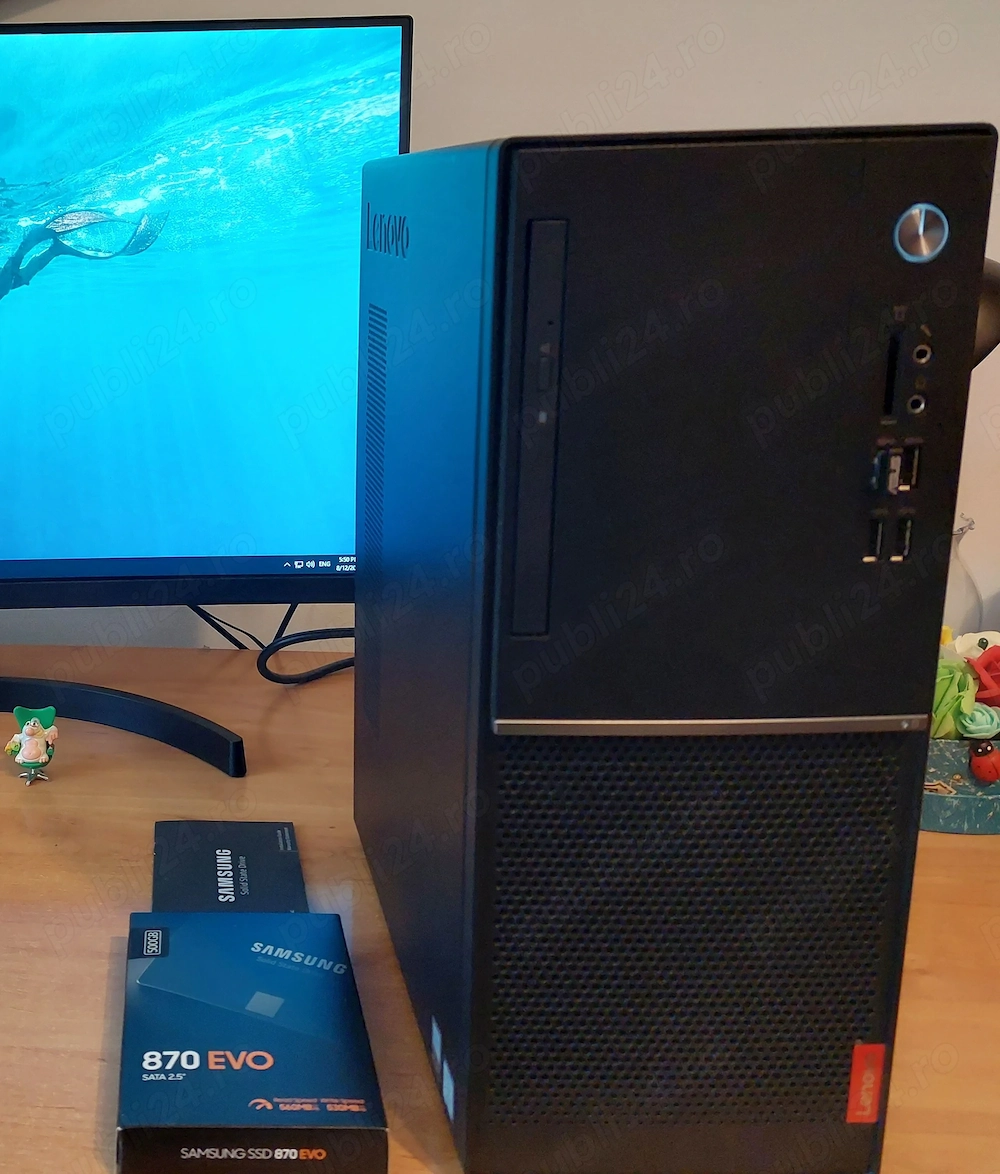 Sistem Desktop Lenovo, nou, cu windows 11 Pro preinstalat, monitor LCD 22" Philips