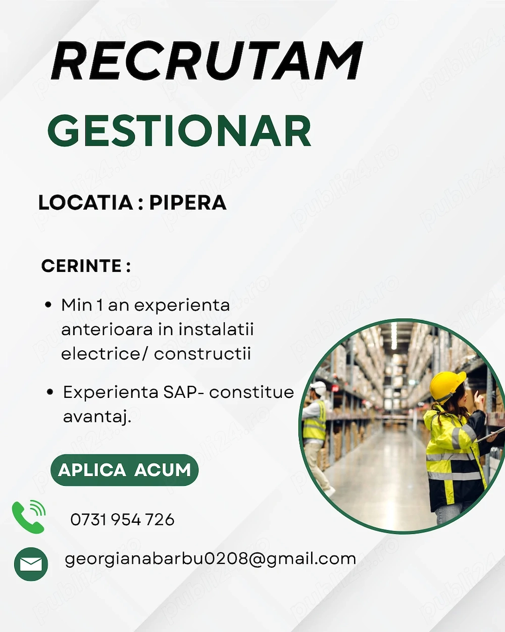 Recrutam gestionar -locatia Pipera