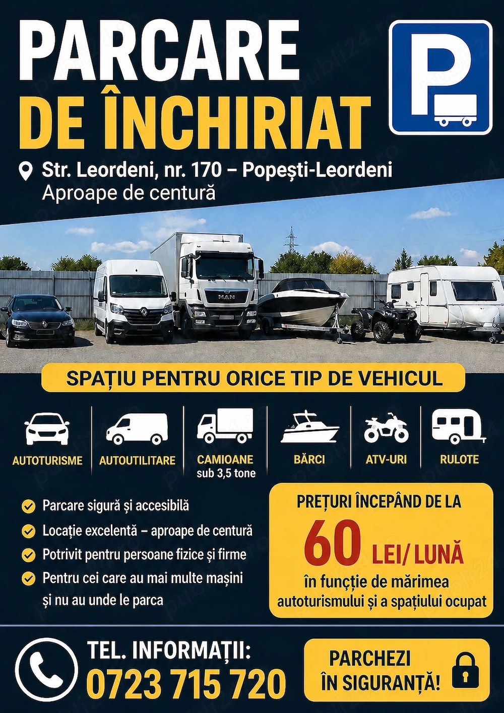 Parcare autoturisme , autoutilitare , rulote și ambarcațiuni Popesti-Leordeni