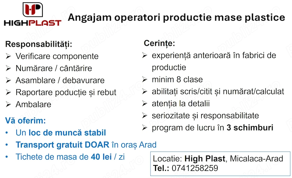 Angajam operatori productie mase plastice