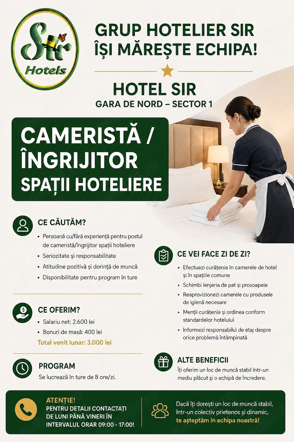 SIR Gara de Nord angajează camerista îngrijitor spații hoteliere