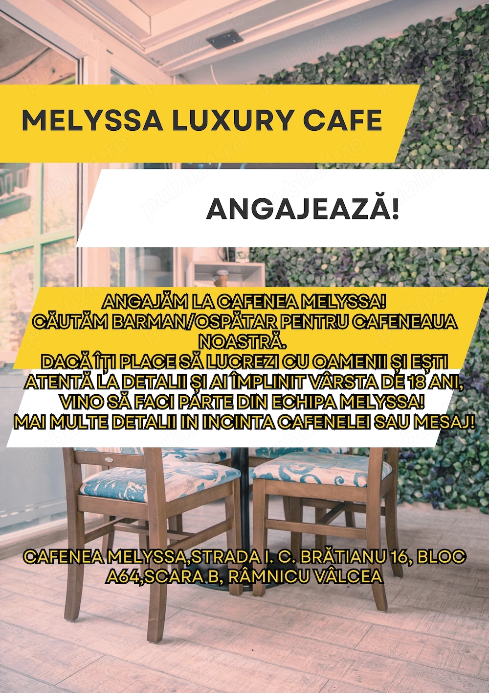 [ANUNT DE ANGAJARE] Căutăm barman ospătar la Cafenea Melyssa! - * VALCEA *