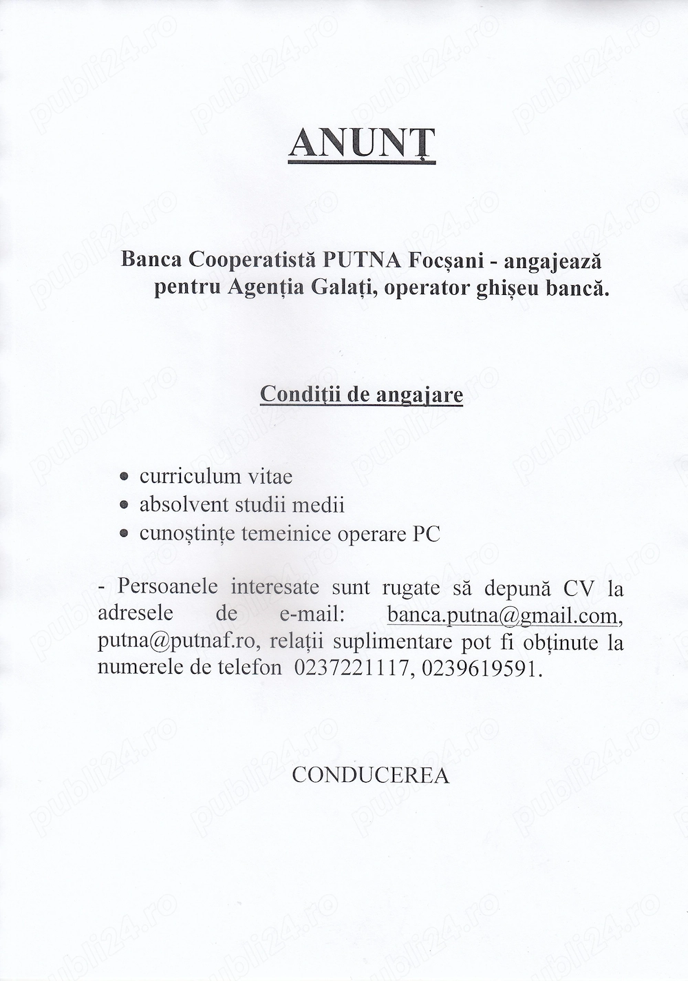 Angajare operator ghiseu banca 