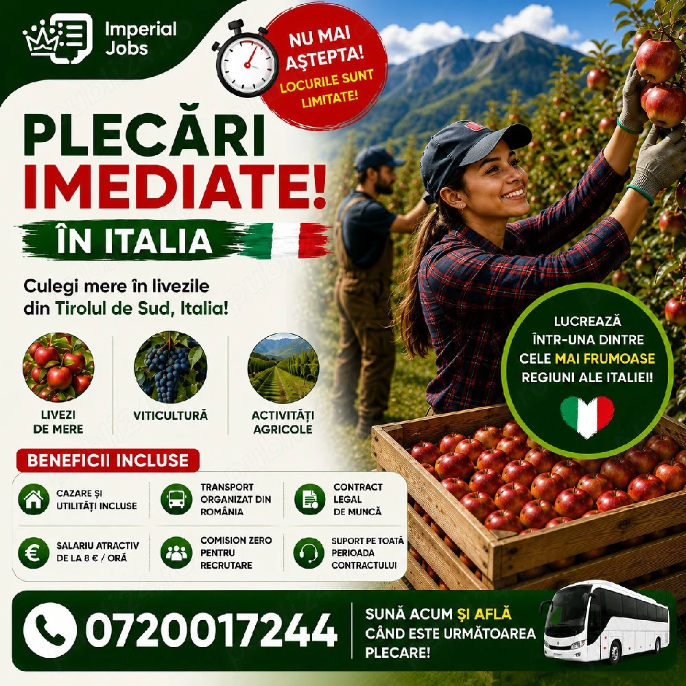 Angajăm lucrători agricoli în Italia | Salariu de la 8   oră | Cazare asigurată