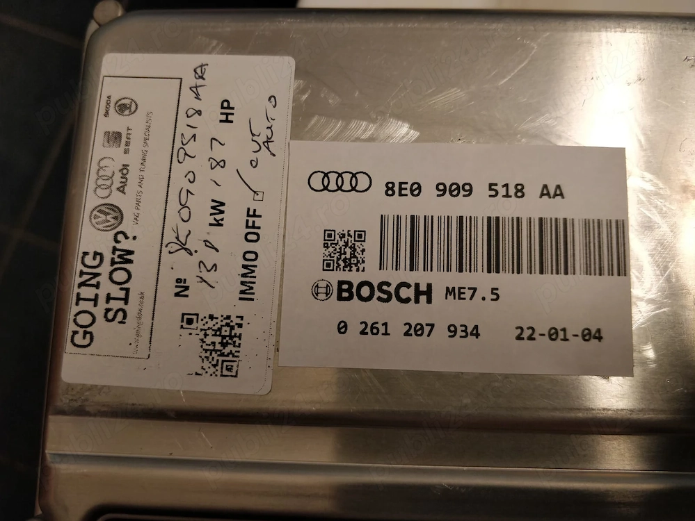Vand ECU Stage 1 AUDI A4 1.8T BFB 163 Stage 1 Remap 187 HP, 270 NM 8E0909518AA IMMO OFF