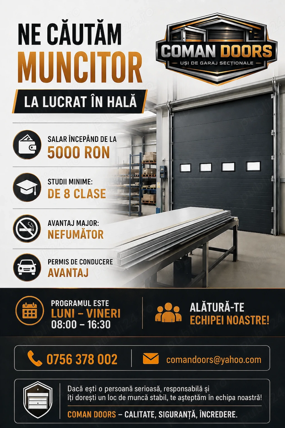 ne cautam colegi, muncitori in fabrica de usi garaj