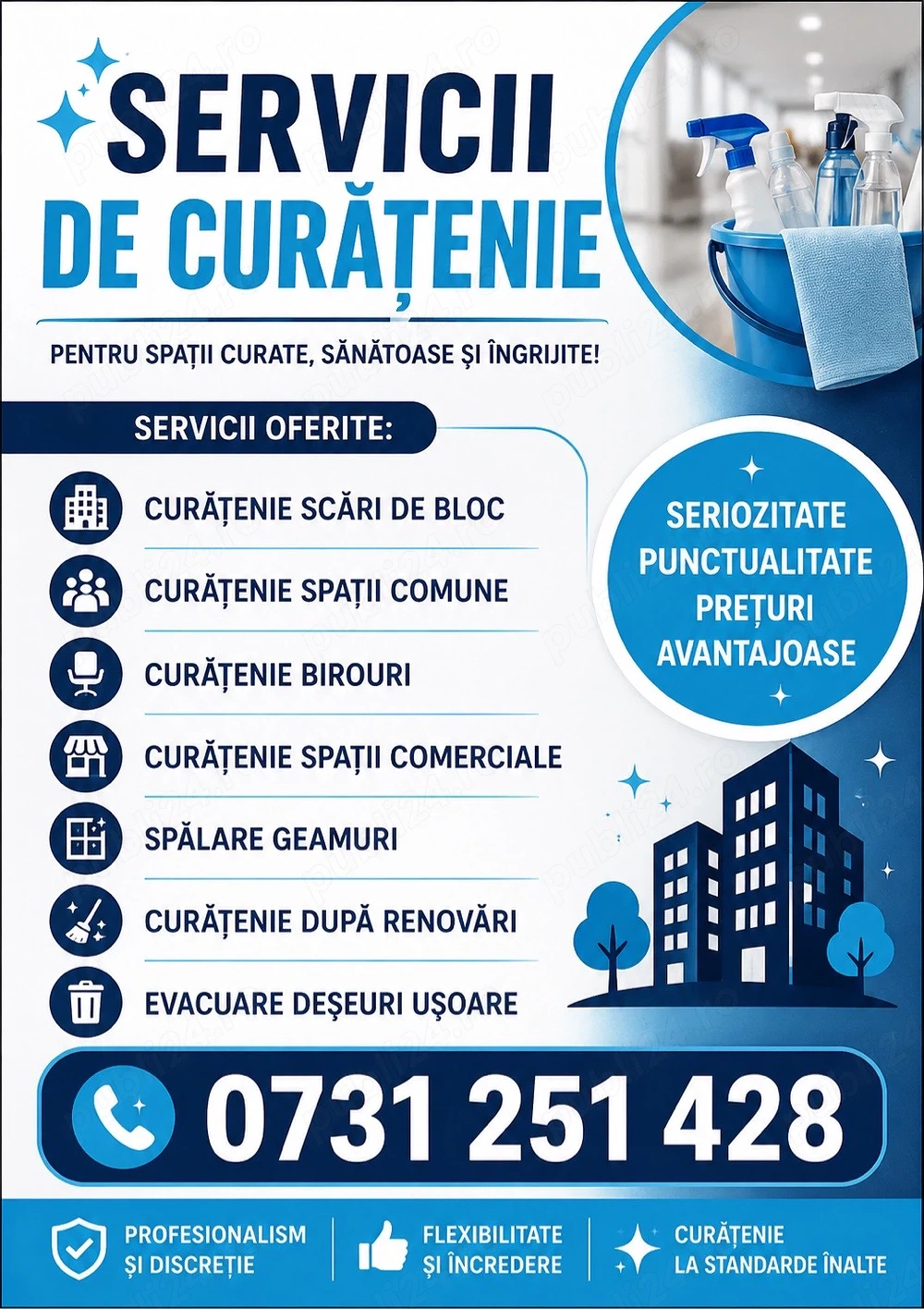 Preluăm contracte de curățenie pentru birouri, blocuri, spații comerciale și locuințe. Servicii prof