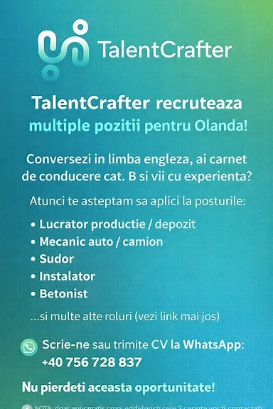   TalentCrafter recrutează pentru OLANDA! pentru cunoscatori de limba engleza (nivel conversati)