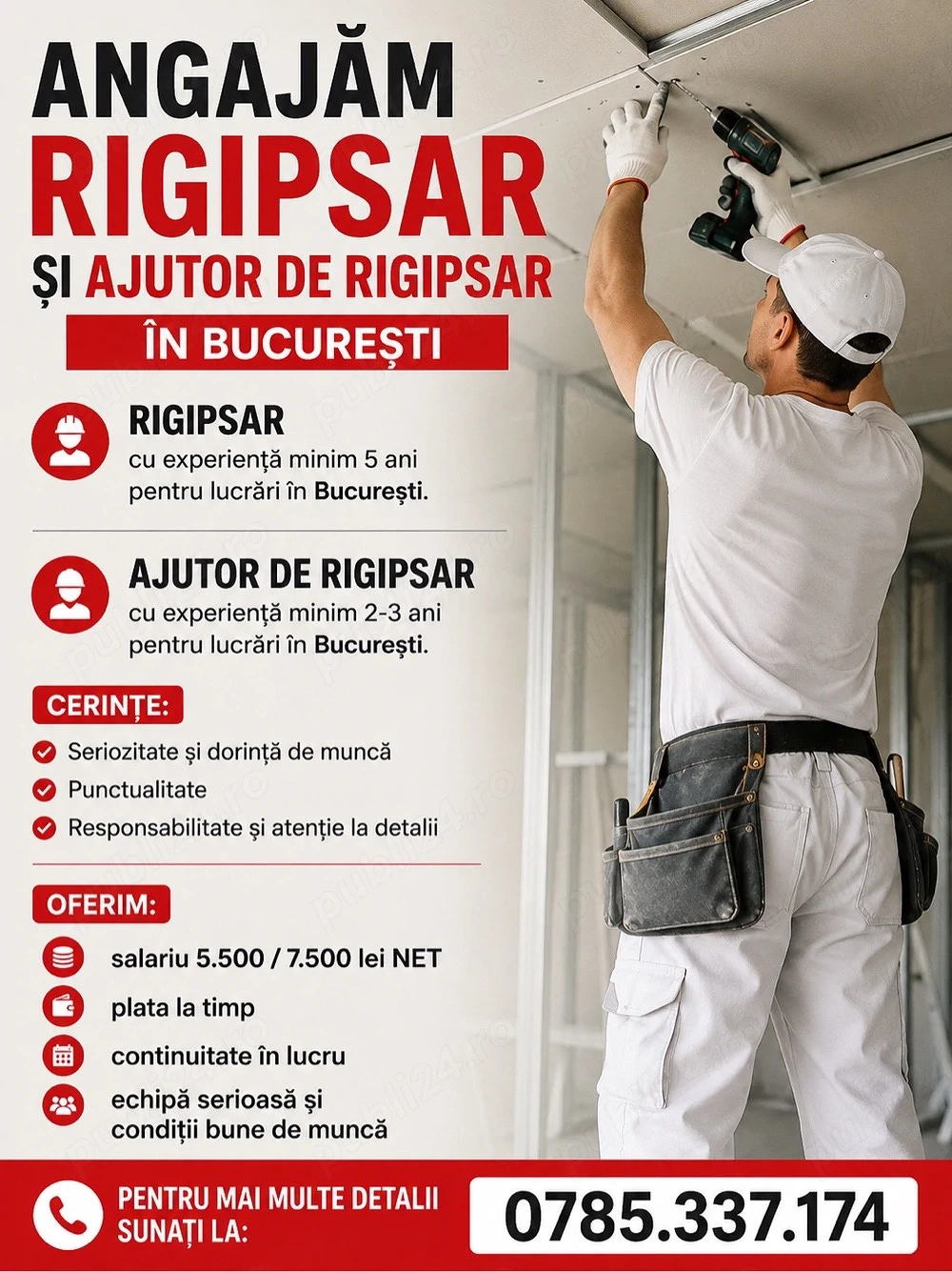 Angajăm rigipsar și ajutor de rigipsar în București